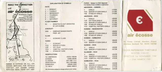 Air Ecosse Quick Reference Timetable Winter 1980/81 Scotland