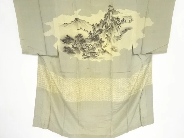 41956# Japanese Kimono / Antique Hitoe Mens Juban / Scenery Of Mountains