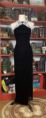 Vintage 90s Gunne Sax Jessica McClintock Black Velvet Evening Column Dress S EUC