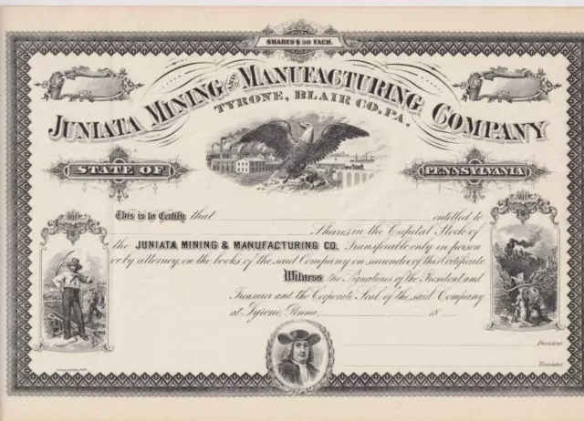 Juniata Mining & Manufacturing Company Stock Certificate Pennsylvania