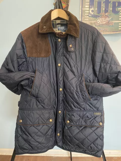 Polo Ralph Lauren Jacket Mens Medium Blue Quilted Lined Hunting Field Coat Snap