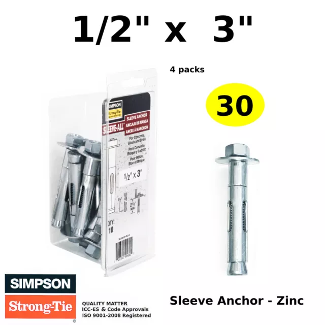 ( QTY 30 ) 1/2 x 3 Concrete Wedge Anchors Bolts Masonry Sleeve Anchor Zinc