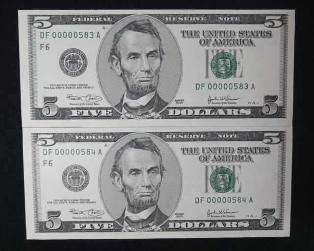 Low Serial Number 2-$5 dollar bill 2003, F- Atlanta. Uncirculated - Sequential #