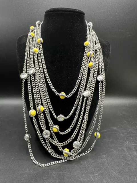 Ann Taylor Loft Yellow Clear Beads Multi Strand Silver Tone Statement Necklace