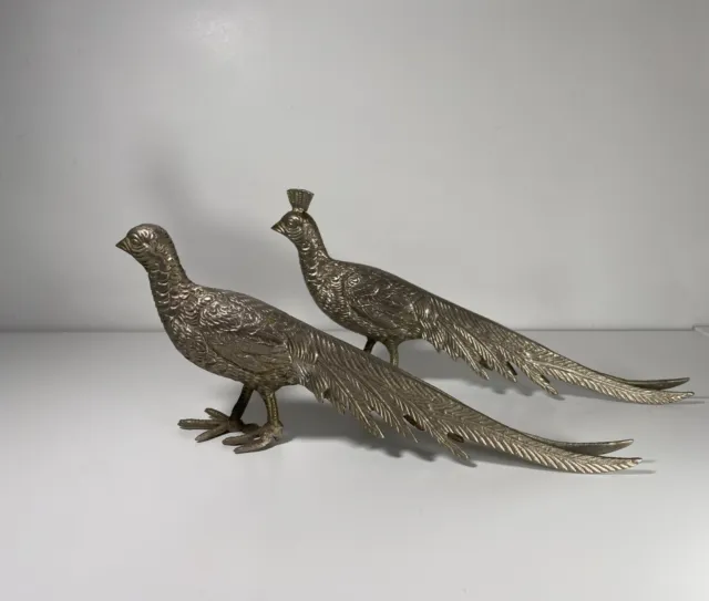 Paire/ couple paons faisans oiseaux en métal argenté