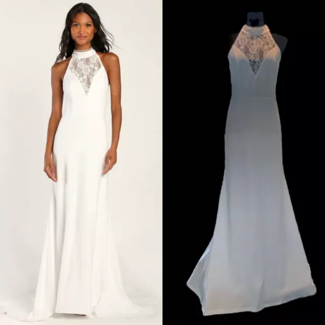 NWT Lulus M White Poly-knit Cherished Love Story Halter Maxi Wedding Dress Train