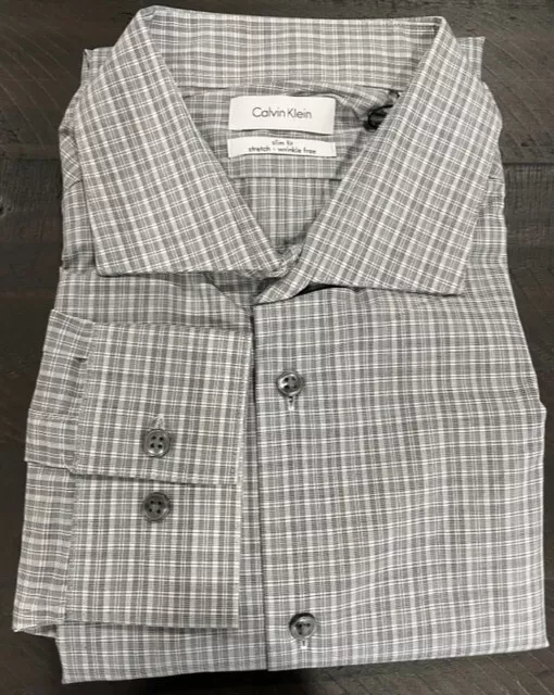 Calvin Klein Mens Slim Fit Stretch Plaid Dress Shirt (Gray, 17-17.5 36/37) Nwt