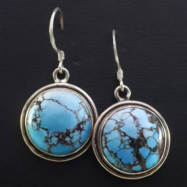 Old 925 Sterling Silver Turquoise Stone Nepal Tibetan Round Earrings Vintage