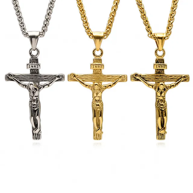 MENS CHRIST JESUS Cross Pendant Necklace Gold Stainless Steel Crucifix ...