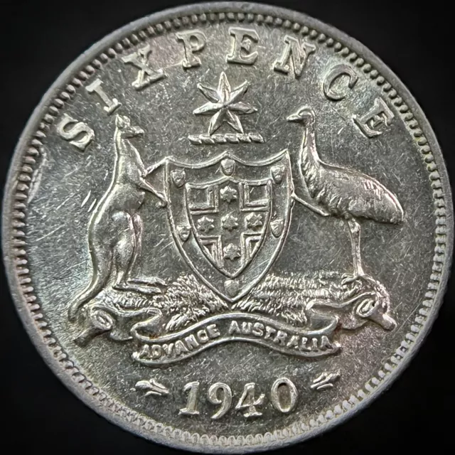 AUSTRALIA. 1940, 6 Pence, Silver - KGV, Melbourne, Kangaroo Emu Sixpence Key