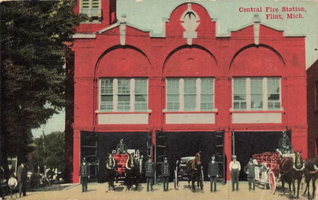 Central Fire Station Flint Michigan MI Horse-Drawn Trucks c1910 Postcard