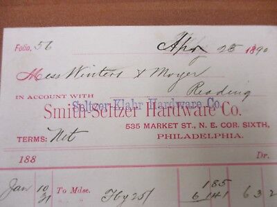 Vintage letterhead Smith Seltzer Hardware Company Philadelphia PA 4/28/1890