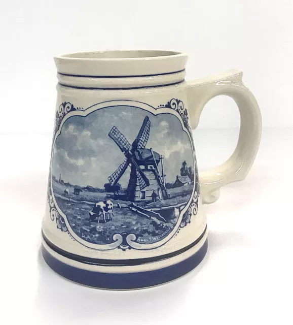 Delfts Blue Hand Painted Windmill & Floral Mug Stein Holland Dekor 1001 Holland