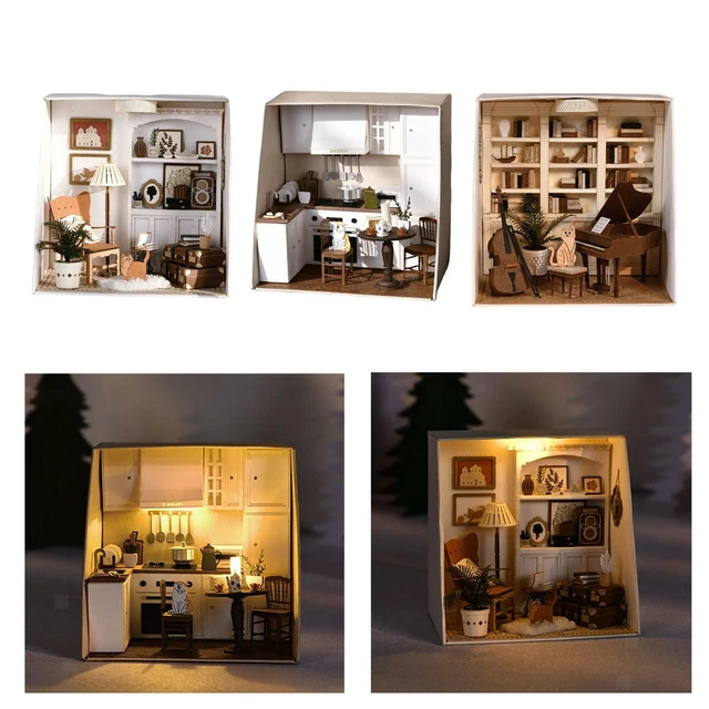 WOODEN MINIATURE DOLLHOUSE with LED Lights And 3D Puzzle Model