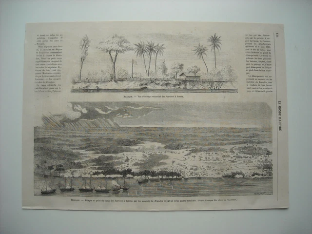 GRAVURE 1865. Mexique. CAMP DES JUARISTES A JONUTA. ATTAQUE ET PRISE DU CAMP DES