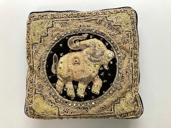 Vintage Thai Burmese Embroidered Elephant Pillow with Sequins and Beads