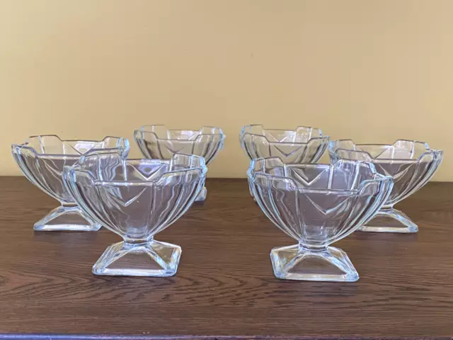 Vintage Art Deco Sowerby Clear Glass Depression Glass Stemmed Sundae Bowls Set 6