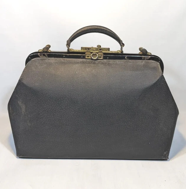 Antique Vintage Leather Cow Hide Doctor's Medical Locking Dr. Bag Brass Latches