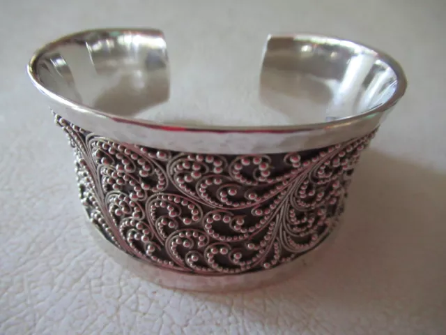New Lois Hill Etched/Filigree Granulated Sterling Silver Hammered Cuff Bracelet