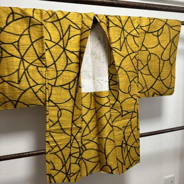Japanese Kimono Haori Jacket Retro Pure Silk With Basting Meisen Haori Yellow