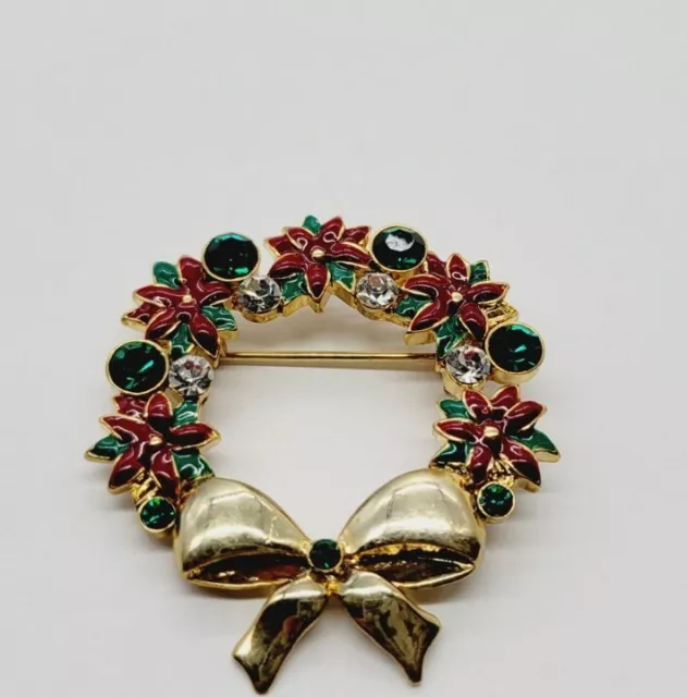 Vintage Christmas Brooch Wreath Pin Holiday Jewelry Gold Tone Enamel #P