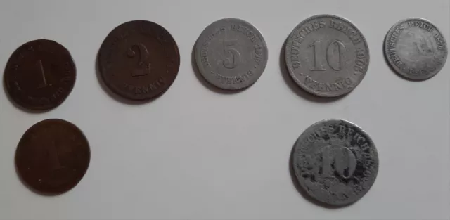 7 verschiedene Pfennig-Münzen Deutsches Reich zwischen 1875 und 1905