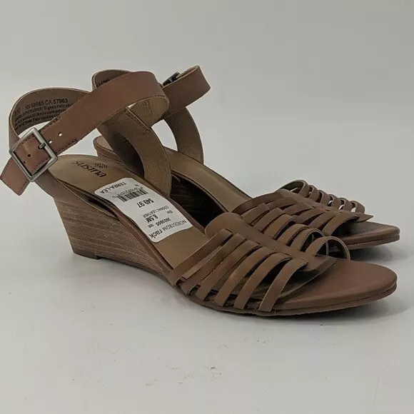 New SUSINA Sandals 7.5 Tan Terra Leather Strappy Wedge Brown