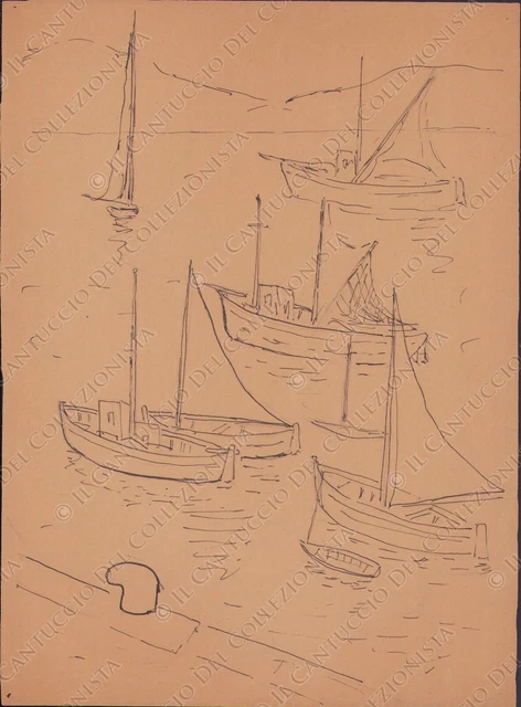 Disegno barche in riva pescherecci molo inchiostro