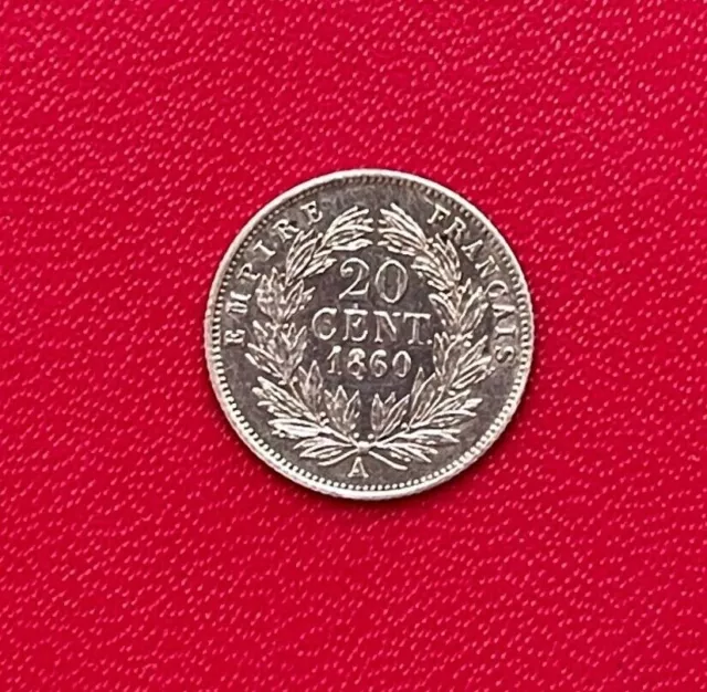 Belle monnaie 20 centimes Napoléon III tête nue 1860 A. Etat TTB+/SUP