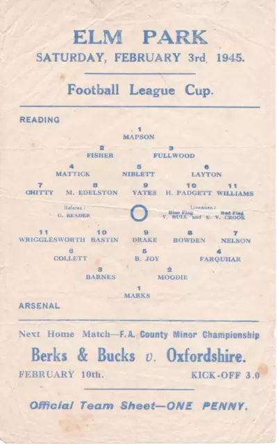 Ultra-Rare Single-Sheet War-Time Ww2 Football Programme Reading V Arsenal 1945