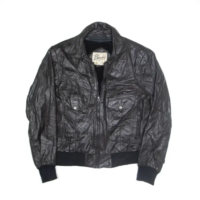 Vintage Faux Fur Lined Bomber Leather Jacket Black 90s Mens L