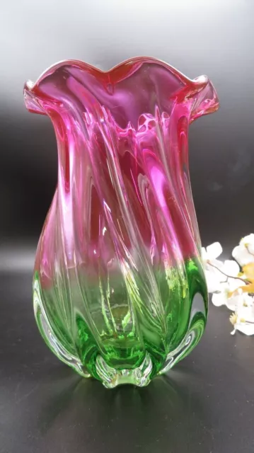 Teleflora 7.5” Heavy Glass Vase Cranberry Pink Green Swirl  Ruffled Edge Vintage 3