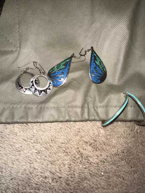 Lot of 3 Pairs of Sterling Silver and Turquoise Native American Earrings