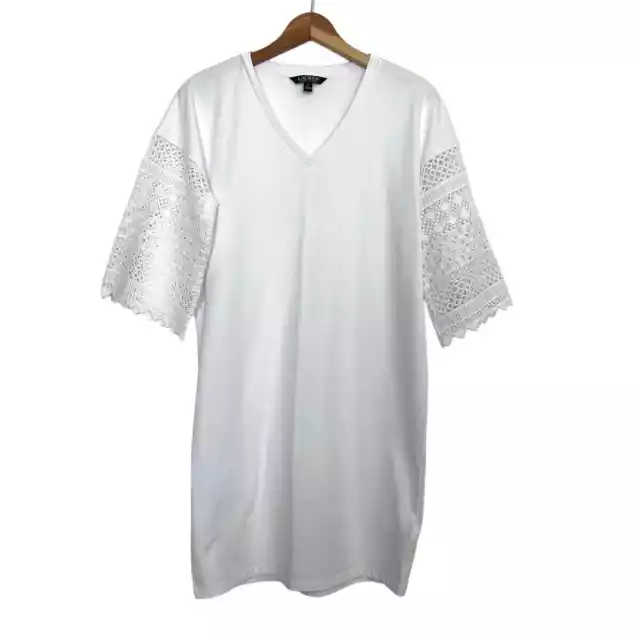 Lauren Ralph Lauren Women's Eyelet Sleeve V-Neck Cotton T-Shirt Dress Sz M White