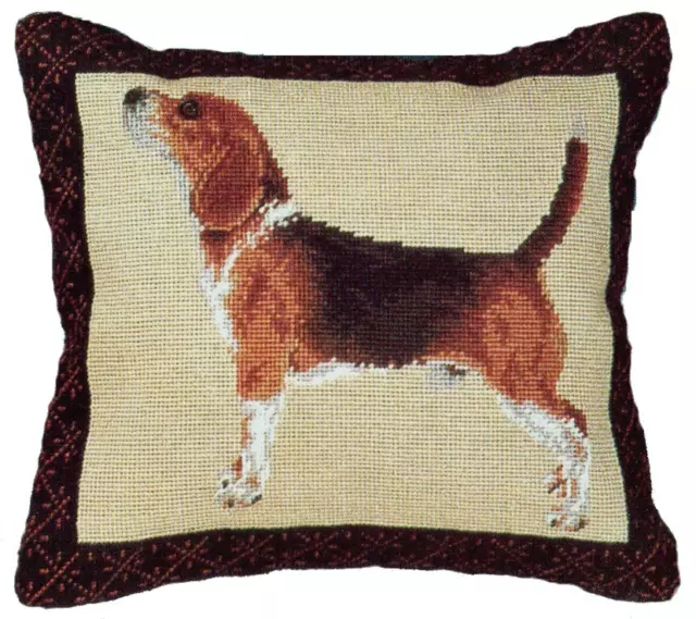Wool Needlepoint Throw Pillow Petit Point Technique Beagle Dog Cushion 14x16