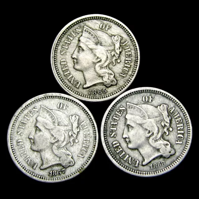 1865 1867 1868 Copper Nickel Three Cent Piece 3c ---- Nice Coin Lot ---- #VV333 1865 1867 1868 Copper Nickel Three Cent Piece 3c ---- Nice Coin Lot ---- #VV333
