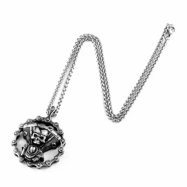 Biker Motorcycles Skull Necklace Men Boys Engine Pendant Stainless Steel 24