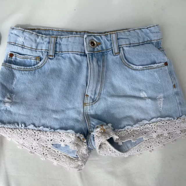 Zara Kids Jean Shorts Distressed Lace Trim Denim Light Blue Size9