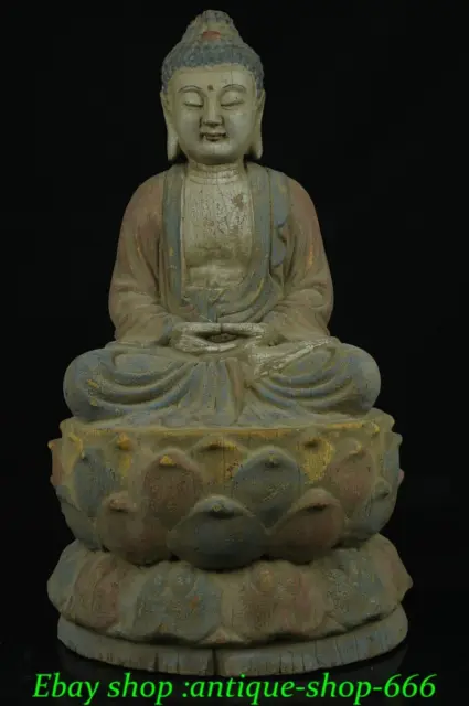 Old China Wood lacquerware Painting Seat Lotus Sakyamuni Amitabha Buddha Statue