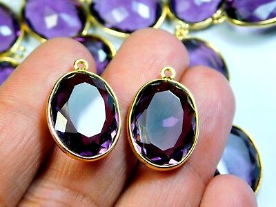 Pair Of Hydro Amethyst Qtz Faceted Oval Cut Micron Gold Plated Bezel Connectors