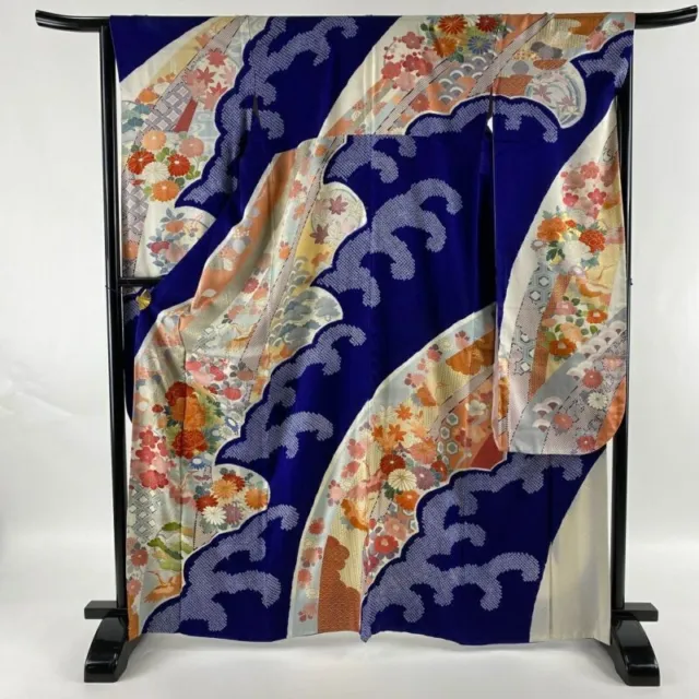 Japanese Kimono Furisode Pure Silk Flowers Noshi Gold Thread Bluish Purple