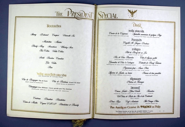 PAN AM FIRST Class The President Special Vintage Airline Menu Maxim's ...