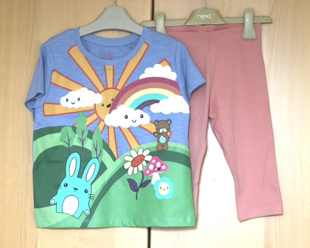 Next Girls Multi Graphic Top  & Pink Crop Leggings Age 4-5 Years BNWT