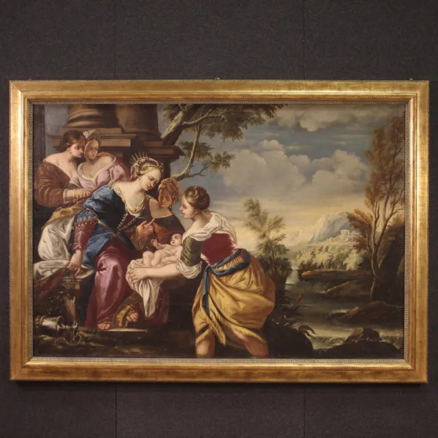 Moïse sauvé des eaux ancien tableau huile sur toile art peinture 18ème siècle