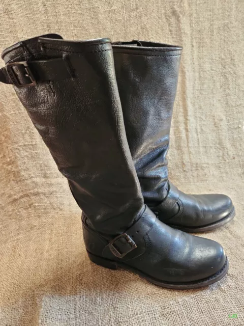 FRYE Veronica Slouch Leather Black Riding Boots Mid Calf Buckle Womens Size 6.5B