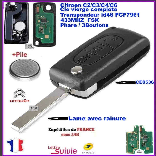 Clé Vierge CE0536 ASK Pour CITROËN C1 C2 C3 C4 C5 C8 Picasso - 3 Boutons - Neuf