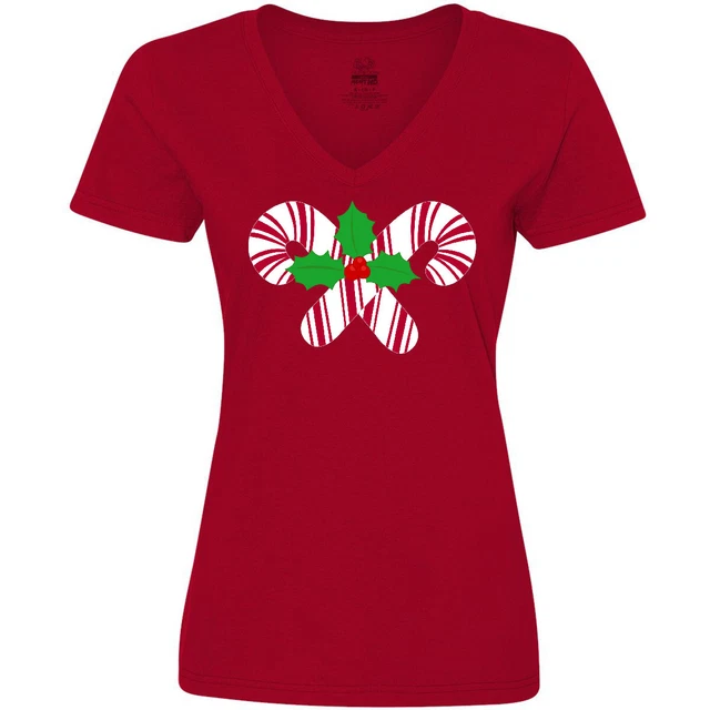 Inktastic Candy Canes And Holly Christmas Women's V-Neck T-Shirt Holiday Cute