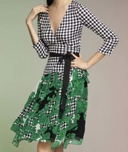 DIANE VON FURSTENBERG DVF Riviera Green Floral Gingham Wrap Dress size 0