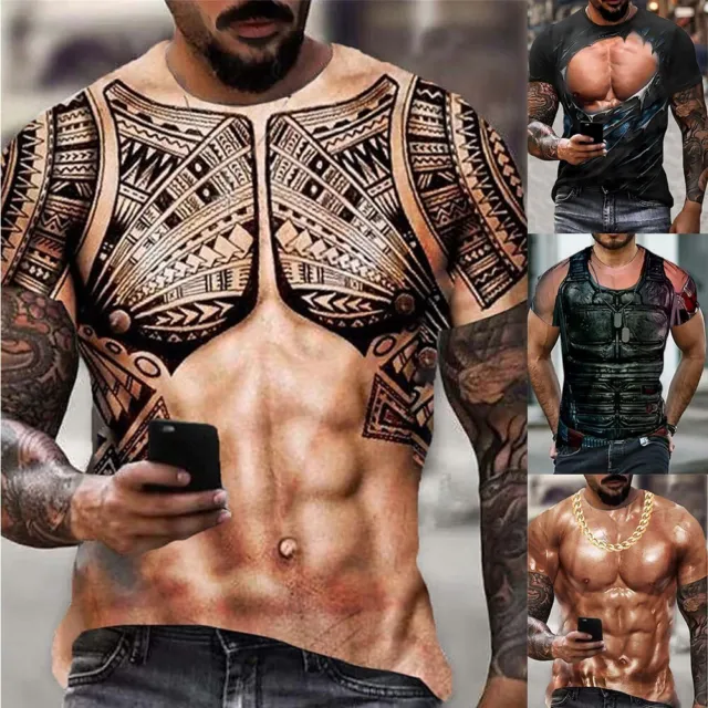 Männer 3D-Muscle Tattoo Print T-Shirt Kurzarm Digitaldruck Shirts Tops-Tee