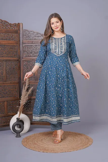 Kurti Women Bollywood Gown Indian Pakistani Blue Anarkali Pant Dupatta Suit